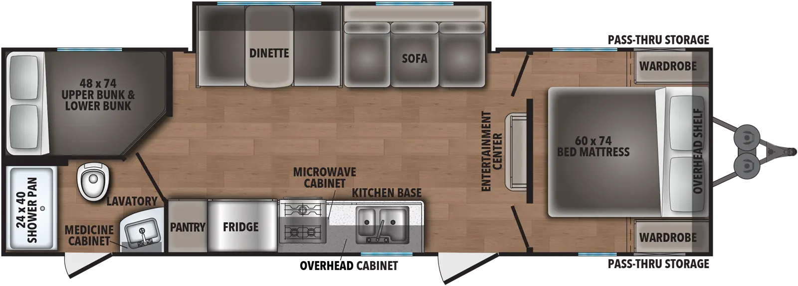 The 26DB has one slide out on the off-door side and two entry doors on the door side. Interior layout from front to back: front bedroom with side-facing queen bed; kitchen living dining area with off door side slide out containing sofa and dinette; entertainment center; kitchen with double basin sink, overhead cabinet, cook top stove, microwave cabinet, and refrigerator; bathroom with exterior access; and rear bedroom with bunks.